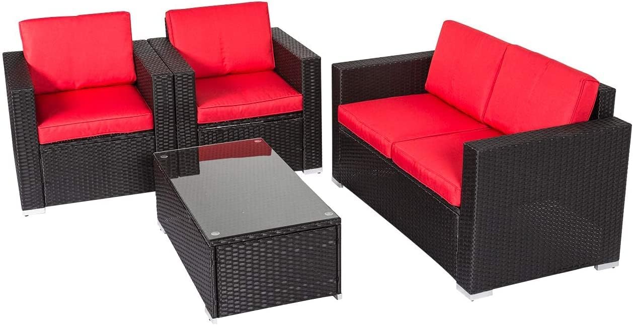 DEVOKO 4 PCs Outdoor Sofa Set Wicker Rattan Patio Wicker Rattan Couch with Table