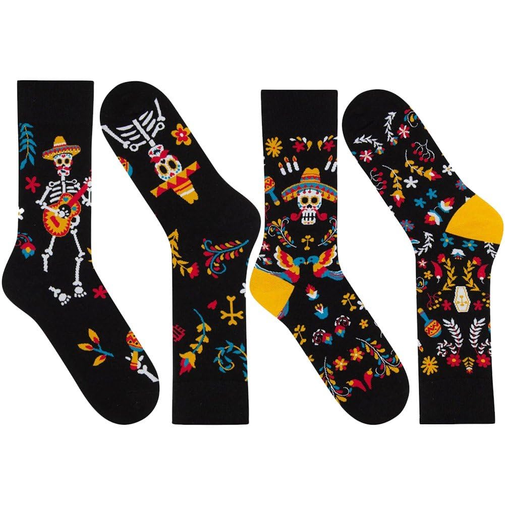 LpitoyLpitoy 2 Pairs Sugar Skull Socks Halloween Crew Socks Casual Cotton Socks Novelty Funny Socks for Men Women Mexico Day of the Dead
