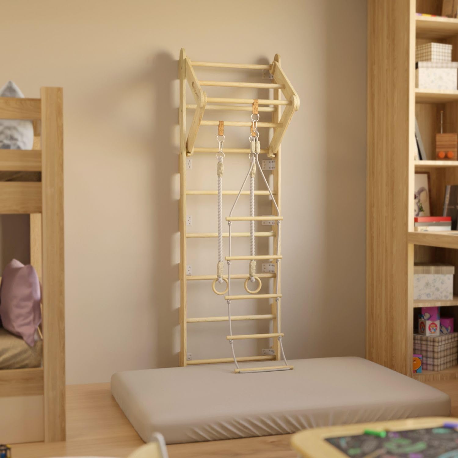 Juskys Espaldera para Niños - con Barra de Tracción, Estructura de Escalada Interior con Anillos de Gimnasia y Escalera de Cuerda, Pared de Escalada para Habitación Infantil, Barra Deportiva
