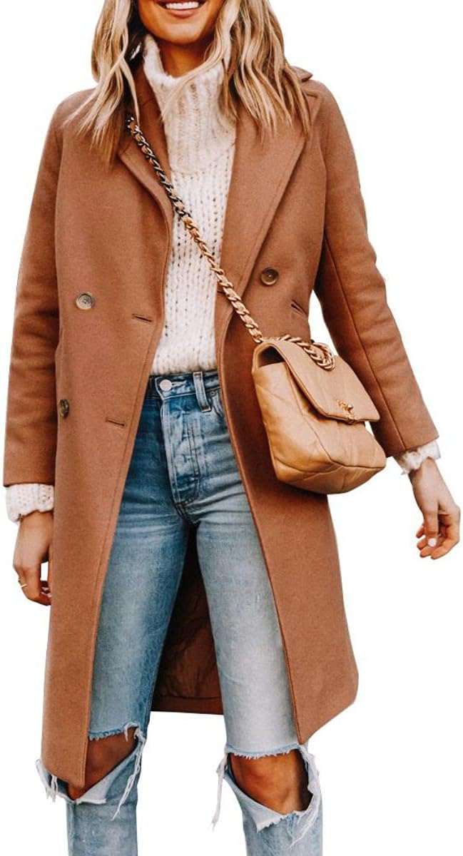 Yousify Womens Notched Lapel Collar Double Breasted Pea Coat Winter Wool Blend Over Coats Long Jackets - Image 2