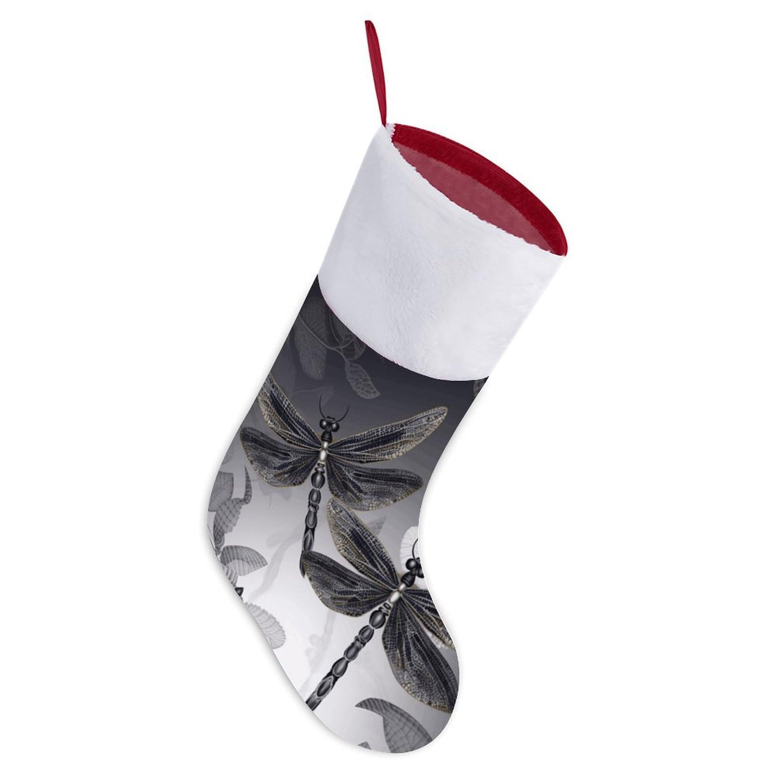 Dragonflies Grey Christmas Stocking, 16.5 Inch Festive Themed Socks Personalized Hanging Stockings Large Super Soft Xmas Stocking for Xmas Tree Mantel Party Decor