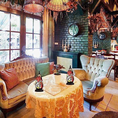 Zjart Tiffany Table Lamp Lighthouse Small Stained Glass Christmas Tree Night Light Bedisde Mini Tower Antique Accent Vintage Desk Light 11 Inch Multi-Color Maple Leaves Style For Bedroom Desktop #TOP2