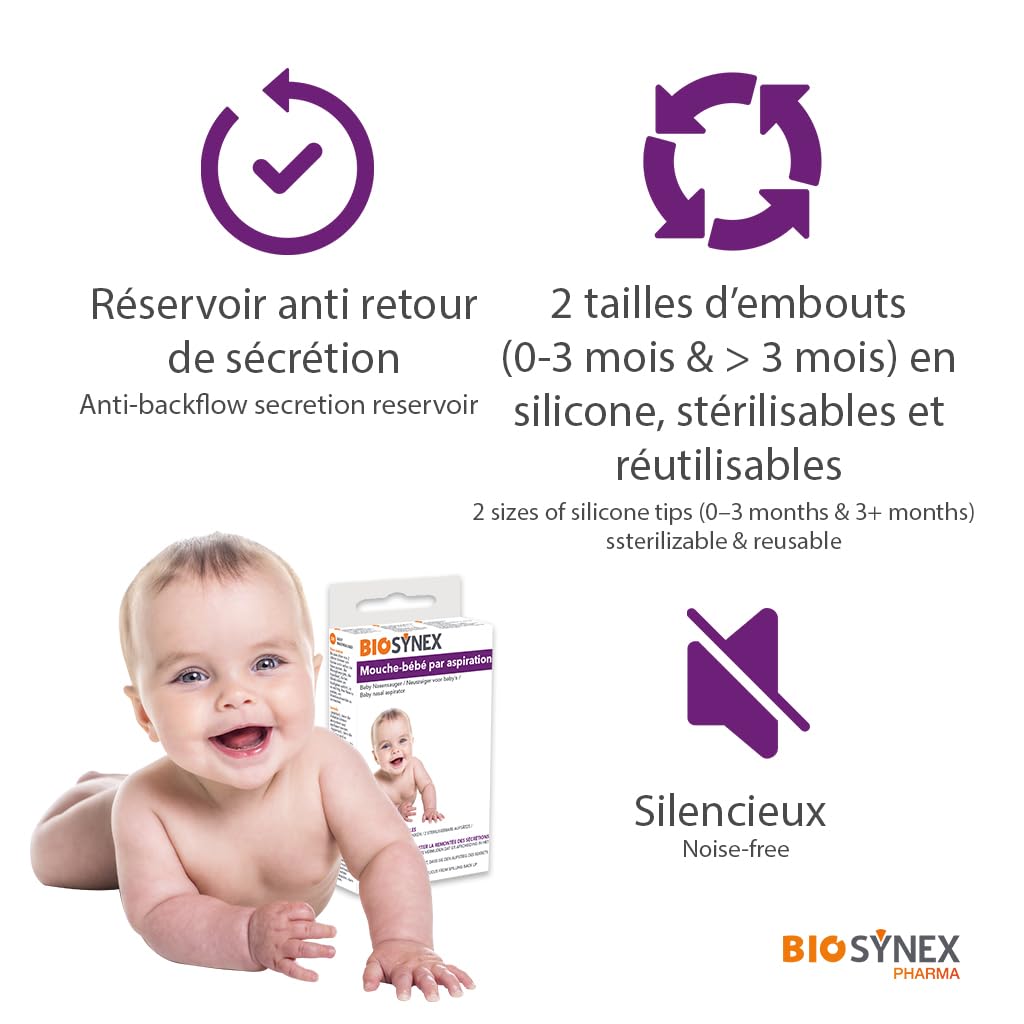 BIOSYNEX - Mouche Bébé Manuel - Mouche Bébé Par Aspiration - Aspirateur Nasal - 2 Tailles d'Embouts Réutilisables - Hygiénique - Débouche le Nez - Nouveau-nés, Bébés et Enfants