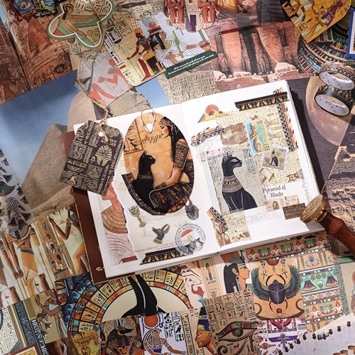 Image of Scrapbooking Supplies Kit, Egyptian Vintage Aesthetic Scrapbook Kit for Bullet Junk Journal, Ancient Egypt DIY Journaling Supplies with Hieroglyph, Pharaoh, Pyramid, Unique Gift for Teens & Women
