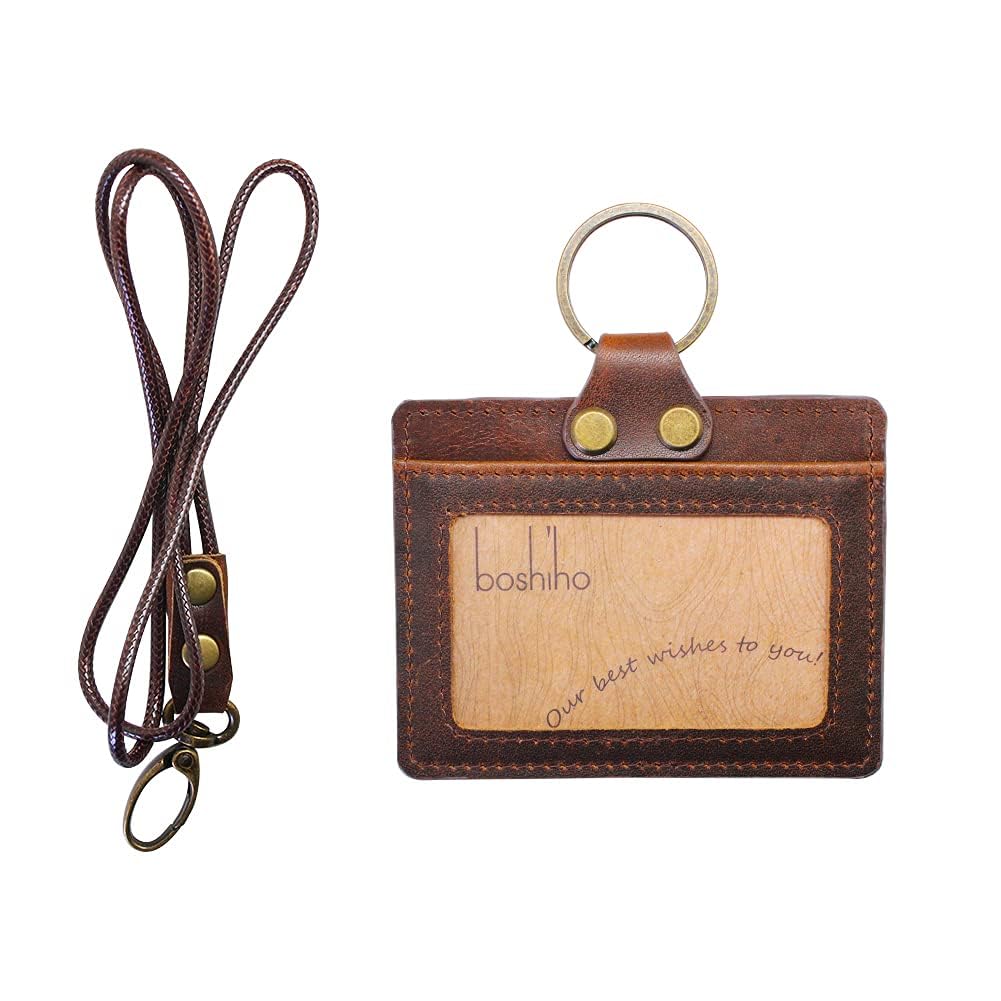 boshiho Badge Holder: Cowhide Leather ID Badge Card Holder with Neck Lanyard, Horizontal Style Credit Card Holders for Office Students Business (Dark Brown1)