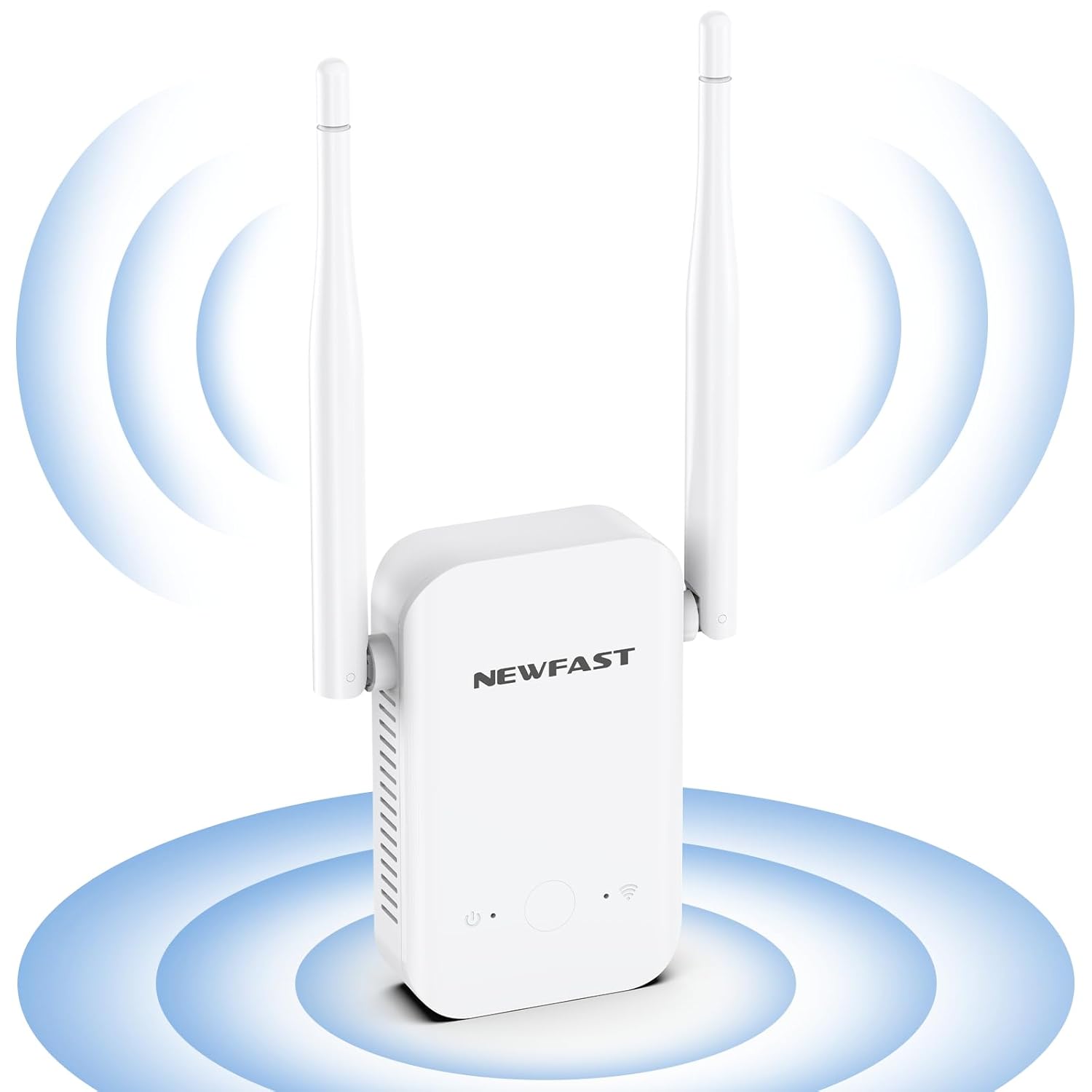 NEWFAST N300 WiFi Extender with two antennas and signal waves