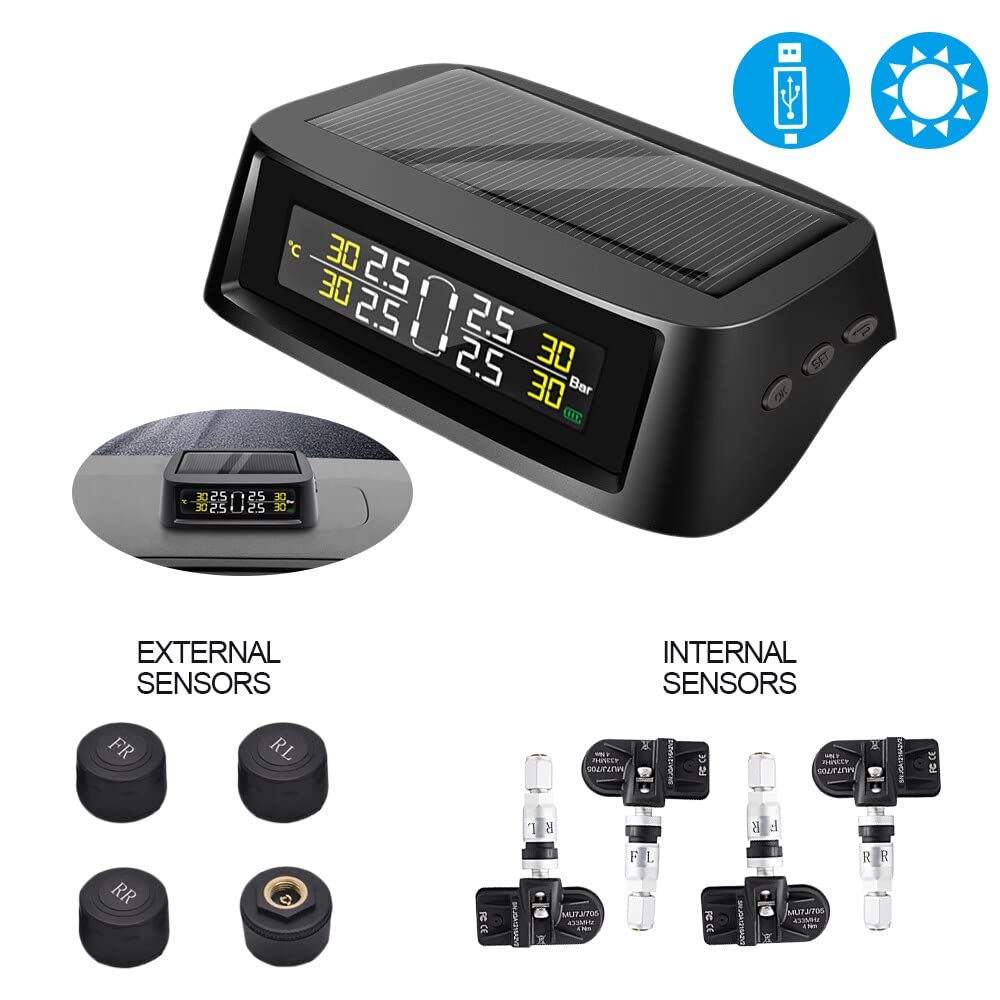 Sistema de monitoreo de presion en llantas LCD Mostrar sensor de presión de neumáticos 0-8 bar digital Tpms Solar TPMS USB Alarma automática (Color : External Sensor)