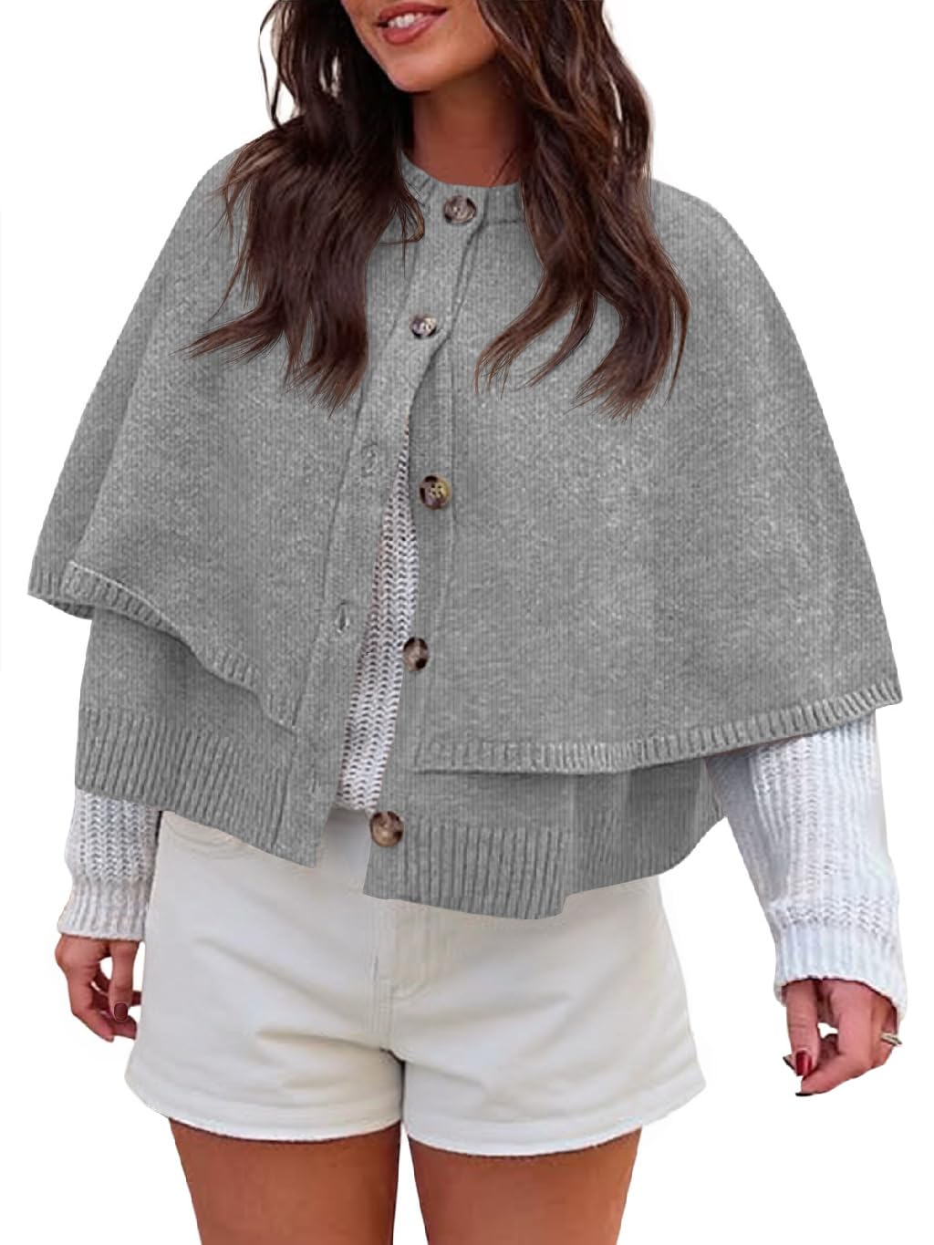 Saodimallsu Womens Cropped Cape Cardigan Button Up Crew Neck Jacket Shawl Fall Trendy Knit Sweater