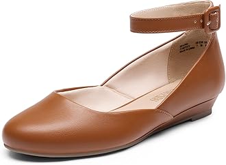 Women's Dress Flats Ballet Low Wedge Round Toe Ankle Strap Comfortable Casual Flats Shoes