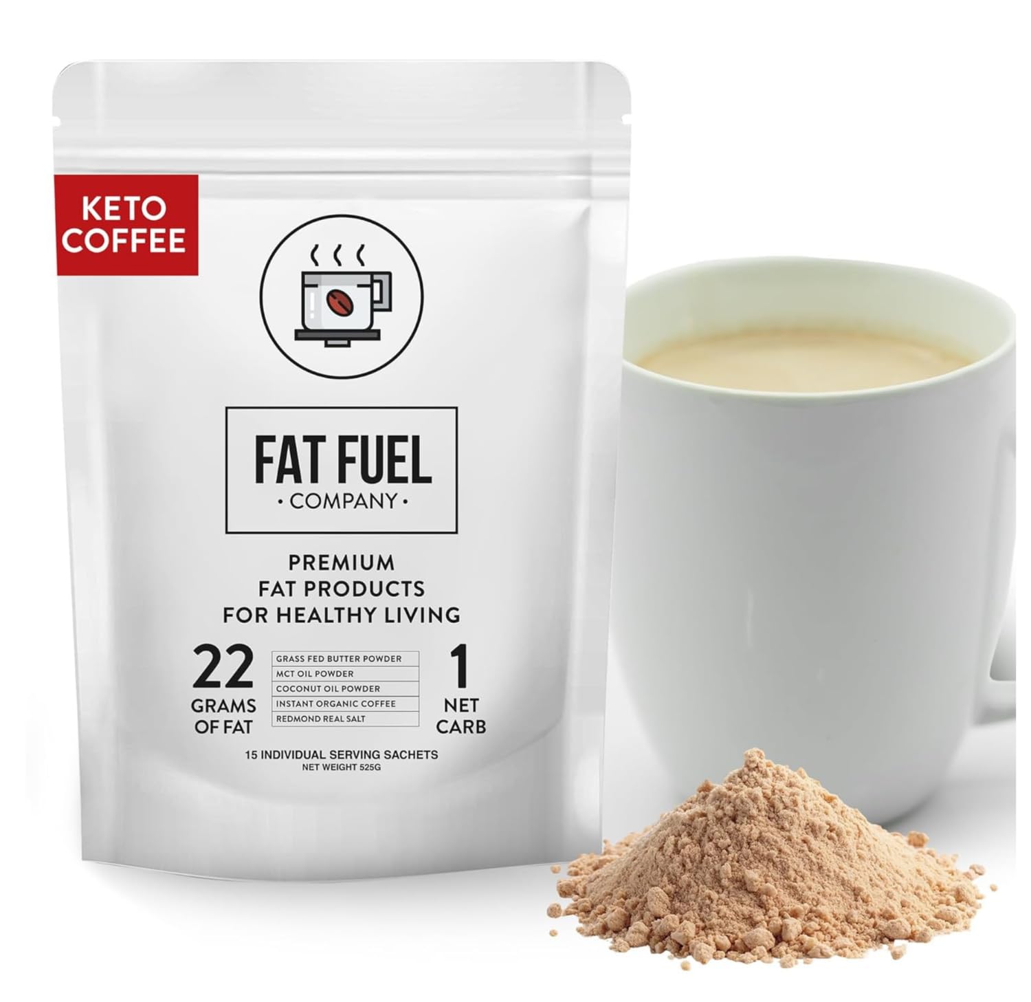 FAT FUEL Keto Coffee 22g Premium Fats - With Grass Fed Butter, MCT Oil, Coconut & Redmond Real Salt - Instant Organic Coffee, One Net Carb, A True Meal Replacement - 15 Servings