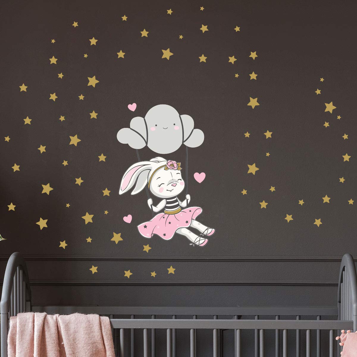 Wall Stickers for Children - Baby Room Decoration - Wall Stickers - Rabbit on Cloud + 100 Stars - Wall Sticker - H45 x L30 cm - Image 4