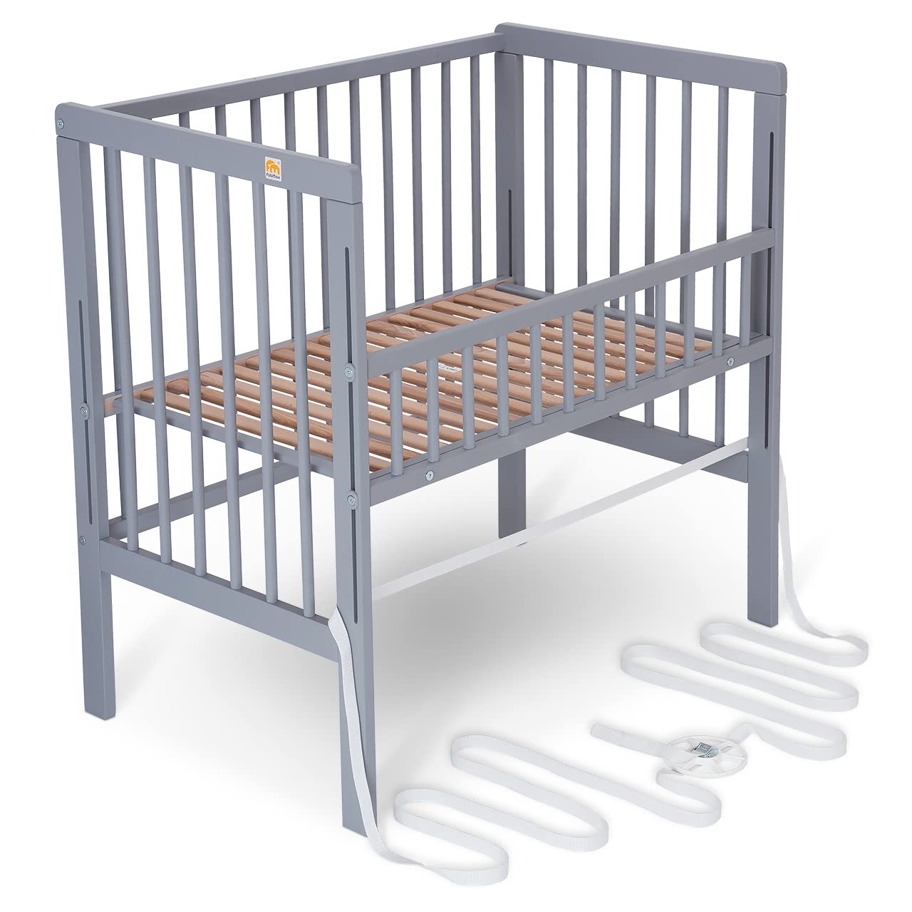 FabiMax Baby Beistellbett für Boxspringbett, TÜV geprüft 2022, inkl. Matratze und Nestchen aus Netzstoff, Buche massiv grau, Classic/graue Blümchen