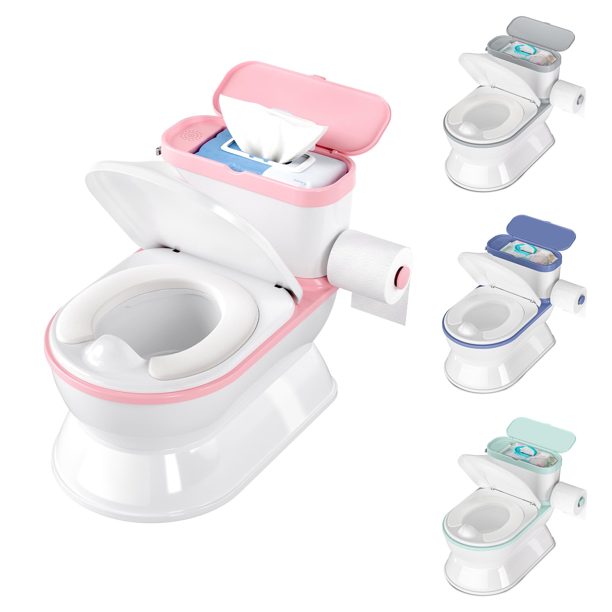 2-in-1 Toddler Potty Training Toilet - Larger Potty Chair & Detachable Training Seat for Boys & Girls Ages 1-3 with Flushing Sound, Wipes Storage, Toilet Paper Holder - Pink