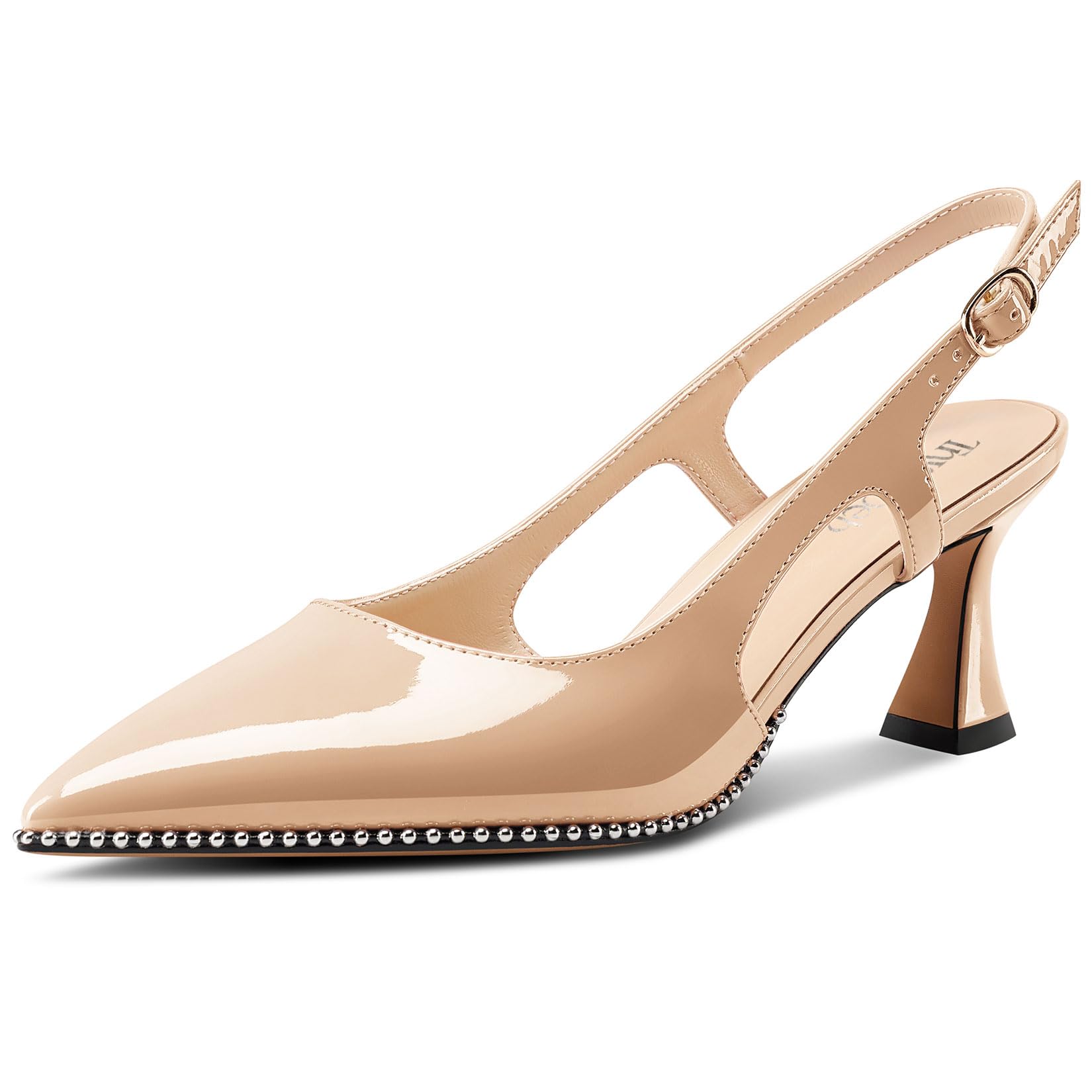 TNYNFBEB Womens Kitten Heel Pointed Toe Pumps Sliver Beaded Slingback Slip-on Buckle Prom Dress Basic Classic Patent Leather Summer 2.6 Inches Heels