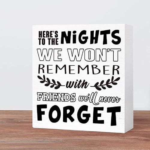 Miniatura 5 de Decoración de campamento divertido letrero rústico con texto en inglés Here's to the Nights We Won't Rememember, letrero de bloque de madera,