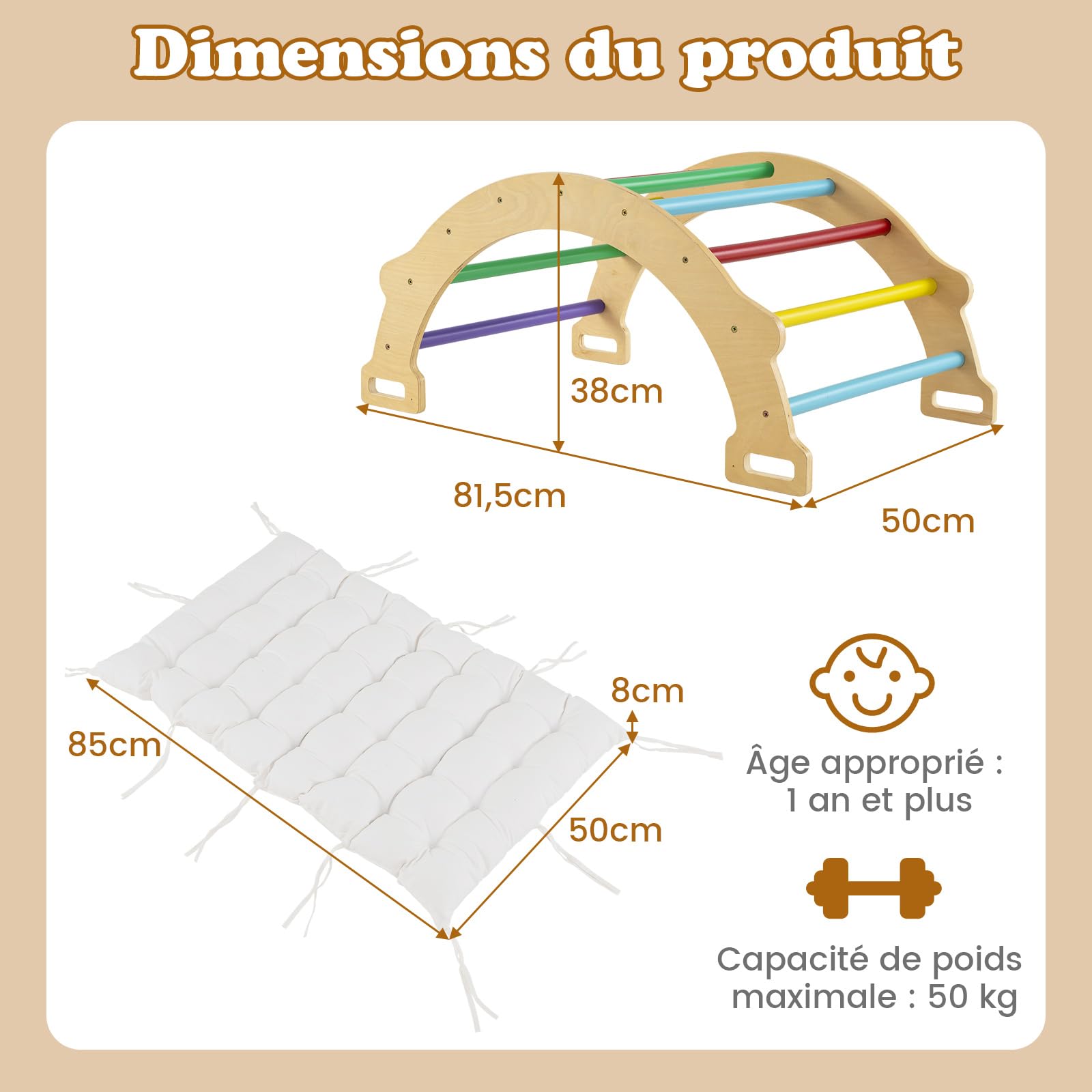 GOPLUS 2 en 1 Arco de Escalada Infantil de Madera, Basculante Con Cojín Suave, Montessori de Juego de Equilibrio de Entrenamiento, Carga 50 kg, Para 1 Año+ (Colorido)