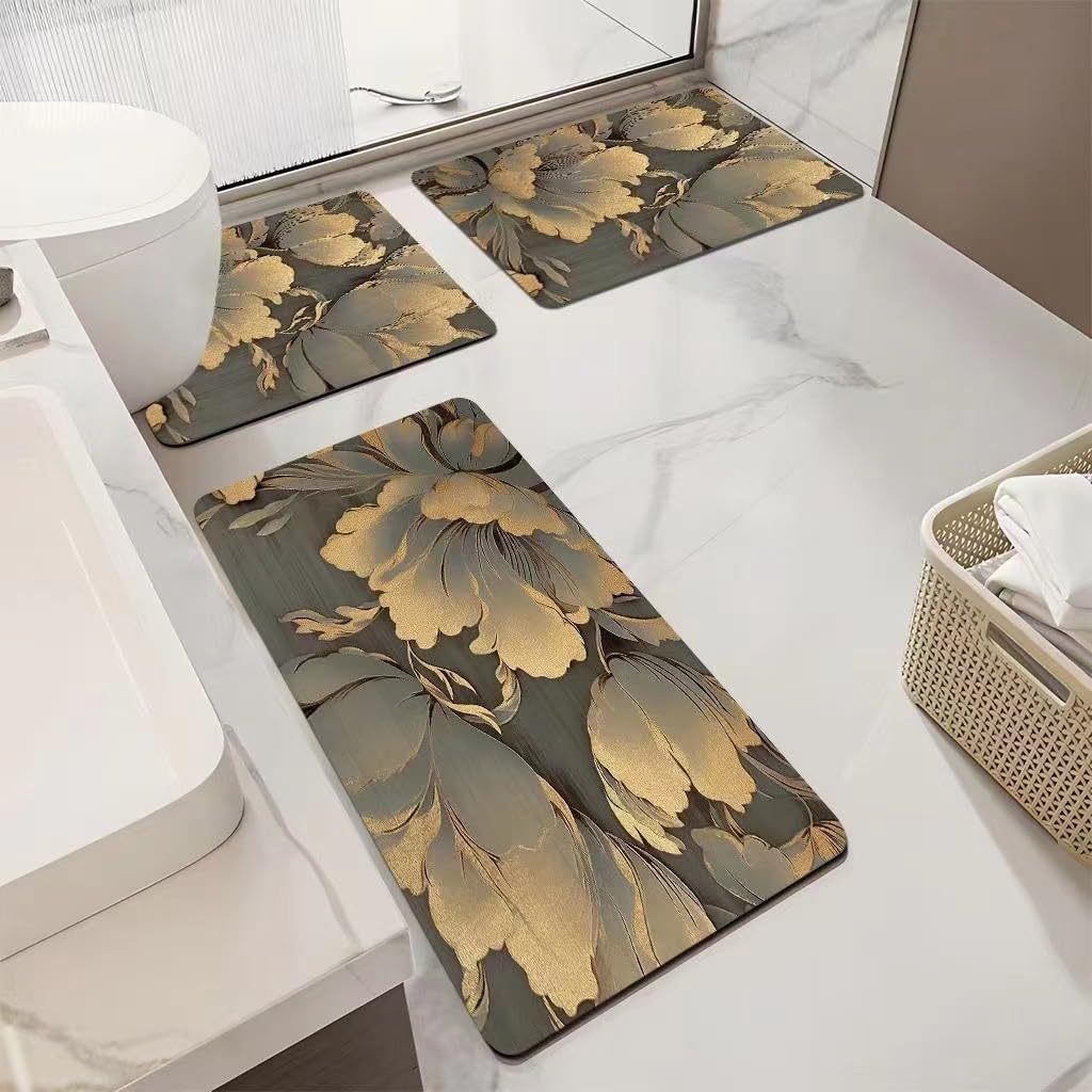 Badvorleger Set Retro Braun Gelb Badezimmermatte Diatomite Badezimmerteppich Bad Teppiche Set Waschbar WC Teppich rutschfeste Badematte Wasseraufnahme Badgarnitur 3 Stücke