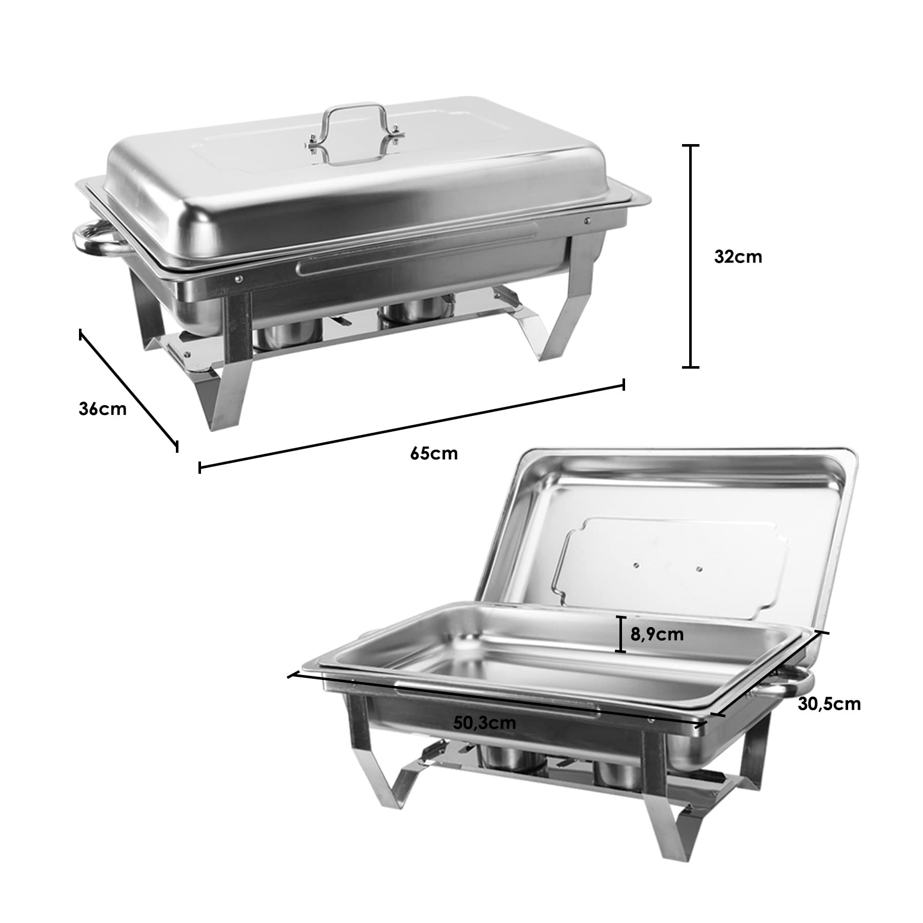 CREWORKS 6 Pièces Chauffe Plats INOX, 9L Chafing Dish en Acier Inoxydable, Chauffe Plat Rectangulaire pour Buffet Chauffants