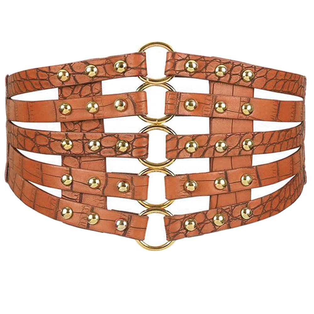 MEGAUK Damen Leder Gürtel Breit Nieten Elastischer Taillen Vintage Hüftgürtel Bindegürtel Lolita Korsett Mit Ring Schnalle Design