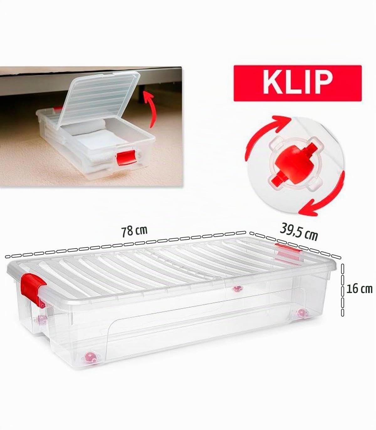 Acan Tradineur - Confezione da 4 scatole portaoggetti modello KLIP Bassocama in plastica, capacità 35 litri, chiusura ermetica e coperchio apribile, 16 x 39,5 x 78 cm