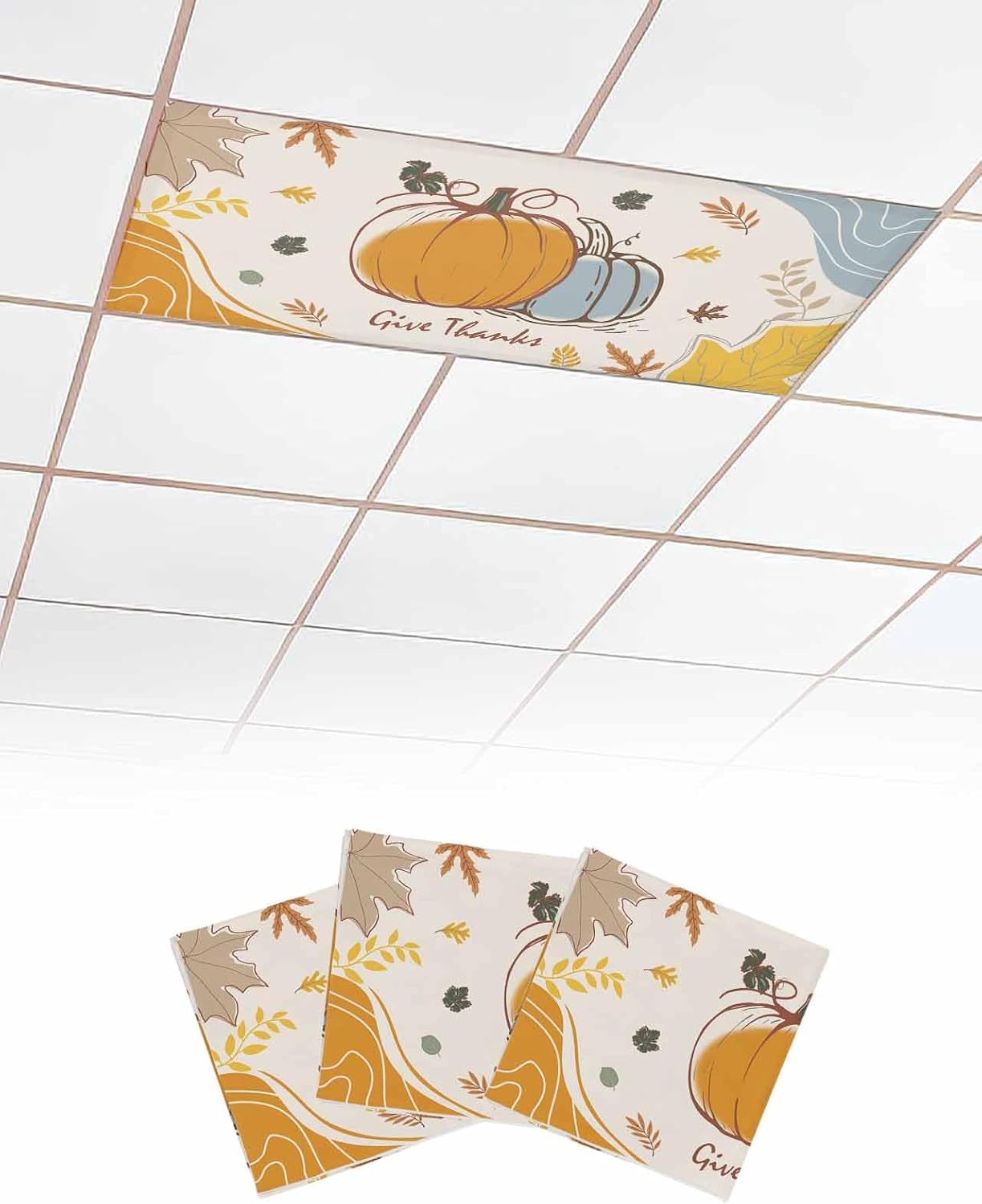 3PCS Thanksgiving Fall Boho Cute Cartoon Pumpkin Fluorescent Light Cover, Ceiling Lampshade Decor with 10 Magnets Fixtures, Print Light Filters Cover Panel for Any Place Supplies