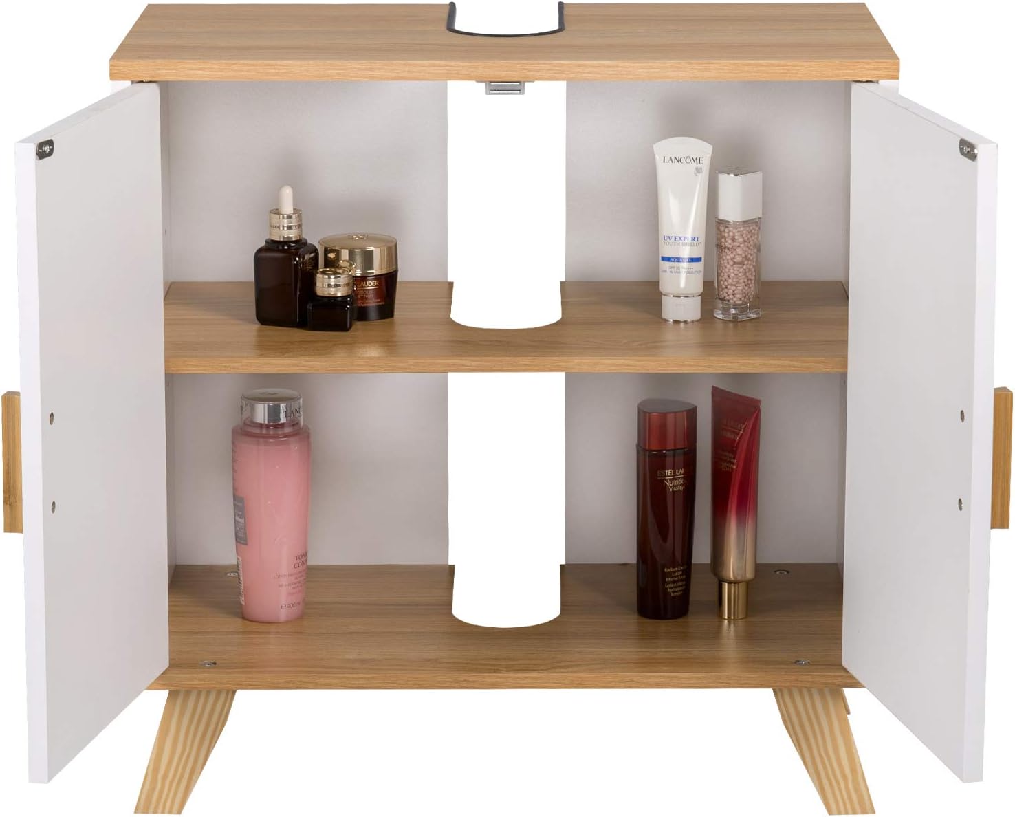 Interior view of the cabinet with the shelf installed, showing various bathroom items stored inside.