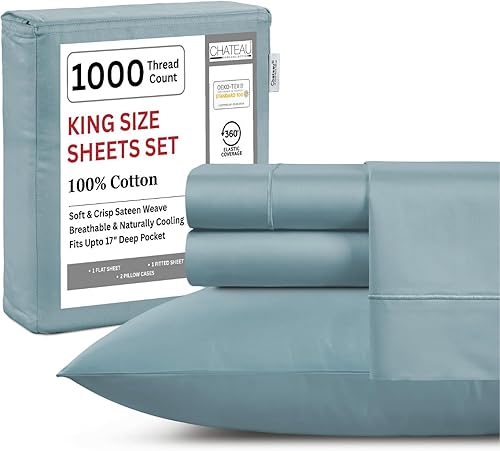 Juego de sábanas 100% algodón para cama King, juego de sábanas certificadas de 1000 TC con bolsillo profundo, juego de sábanas y fundas de almohada