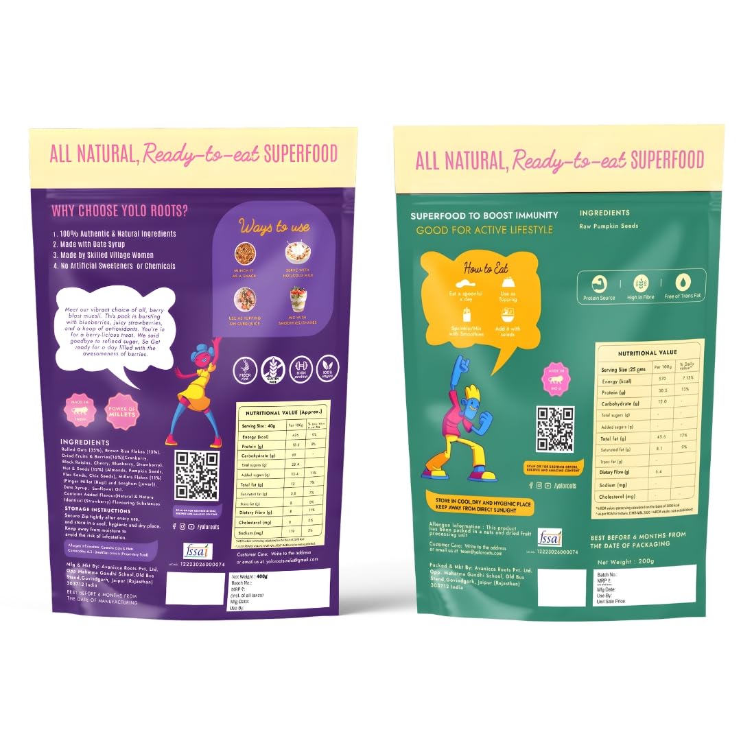 Yolo Roots Berry Blast Muesli 400g & Raw Pumpkin Seeds 200g Combo | Multigrain Breakfast Cereal with Blueberry, Strawberry & Cranberry | High Fiber, Plant Protein Superfood Seeds (Pack of 2)