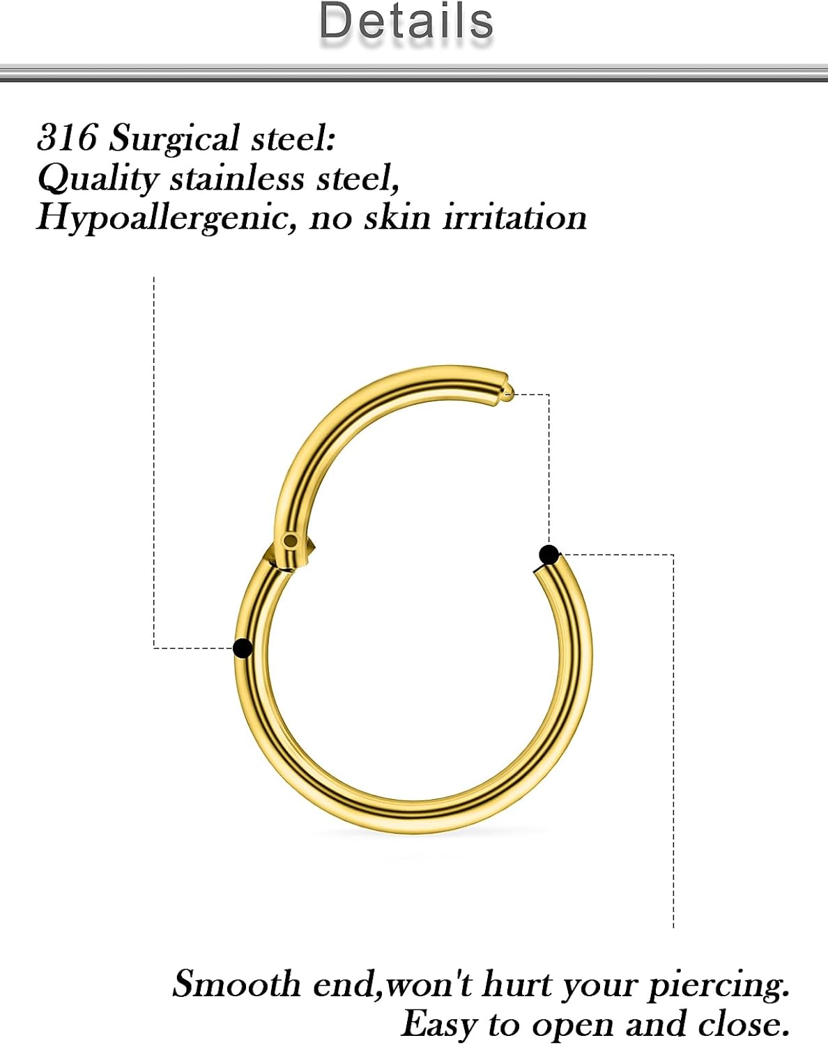 20G 18G 16G 14G 12G 10G Surgical Steel Hinged Clicker Segment Nose Rings Hoop Lip Rings Helix Cartilage Daith Tragus Sleeper Earrings Body Piercing for Women Men 6mm 8mm 10mm 12mm 14mm 16mm - Image 3