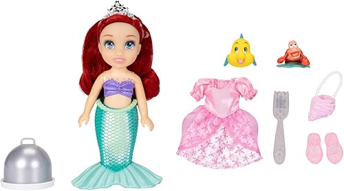 Miniatura 5 de Disney Princess Muñeca Ariel Sea to Land Petite Ariel con Sebastian & Flounder, en cola de sirena y moda de vestido rosa