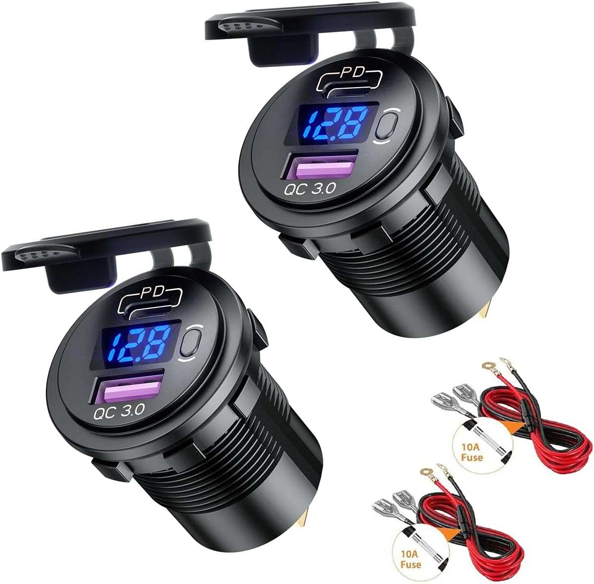 USB C Car Charger Socket Dual Outlet PD & QC 3.0 USB Fast Charge Power Waterproof with LED Digital Voltmeter and Switch for 12V 24V Marine Boat Motorcycle Truck 2PCS