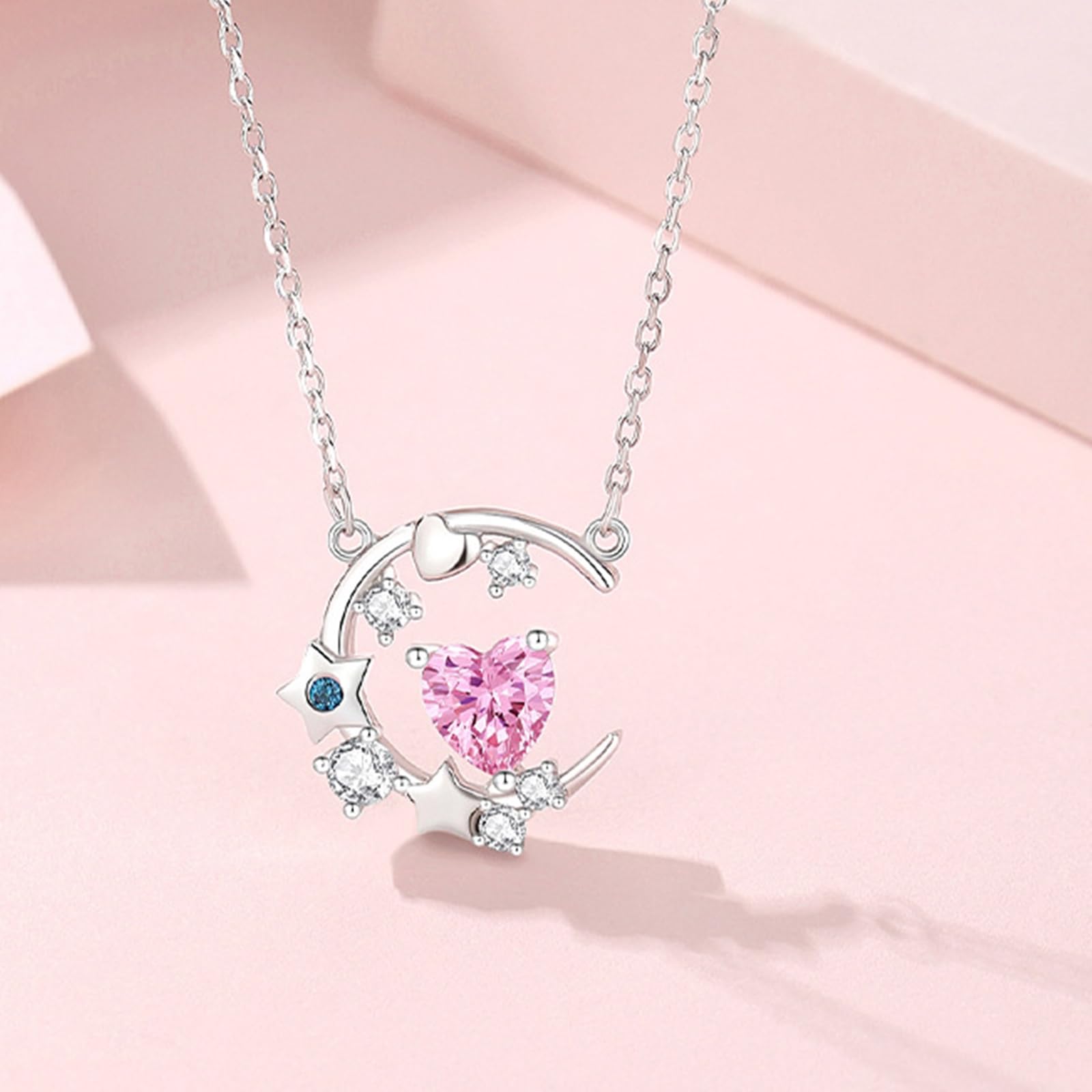 Collar de oro de 9/14/18 quilates para mujer, collar con colgante de estrella de luna con forma de corazón creado zafiro moissanita topacio oro real