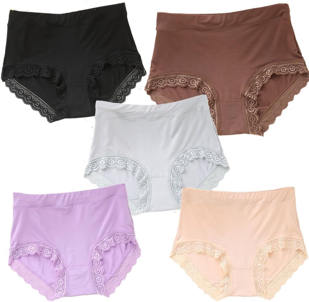 Women Panties Bamboo Viscose Plus Size Briefs Pack of 5 with Lace Trim Solid Underwear Lady Medium Waist