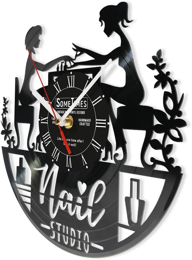 The Geeky Days Custom Nail Salon Vinyl Record Wall Clock, Personalized Manicurist Wall Clock Nail Art Wall Watch Clock Silent Movement Battery Operated for Nail Technician Business Beauty Salon 12''