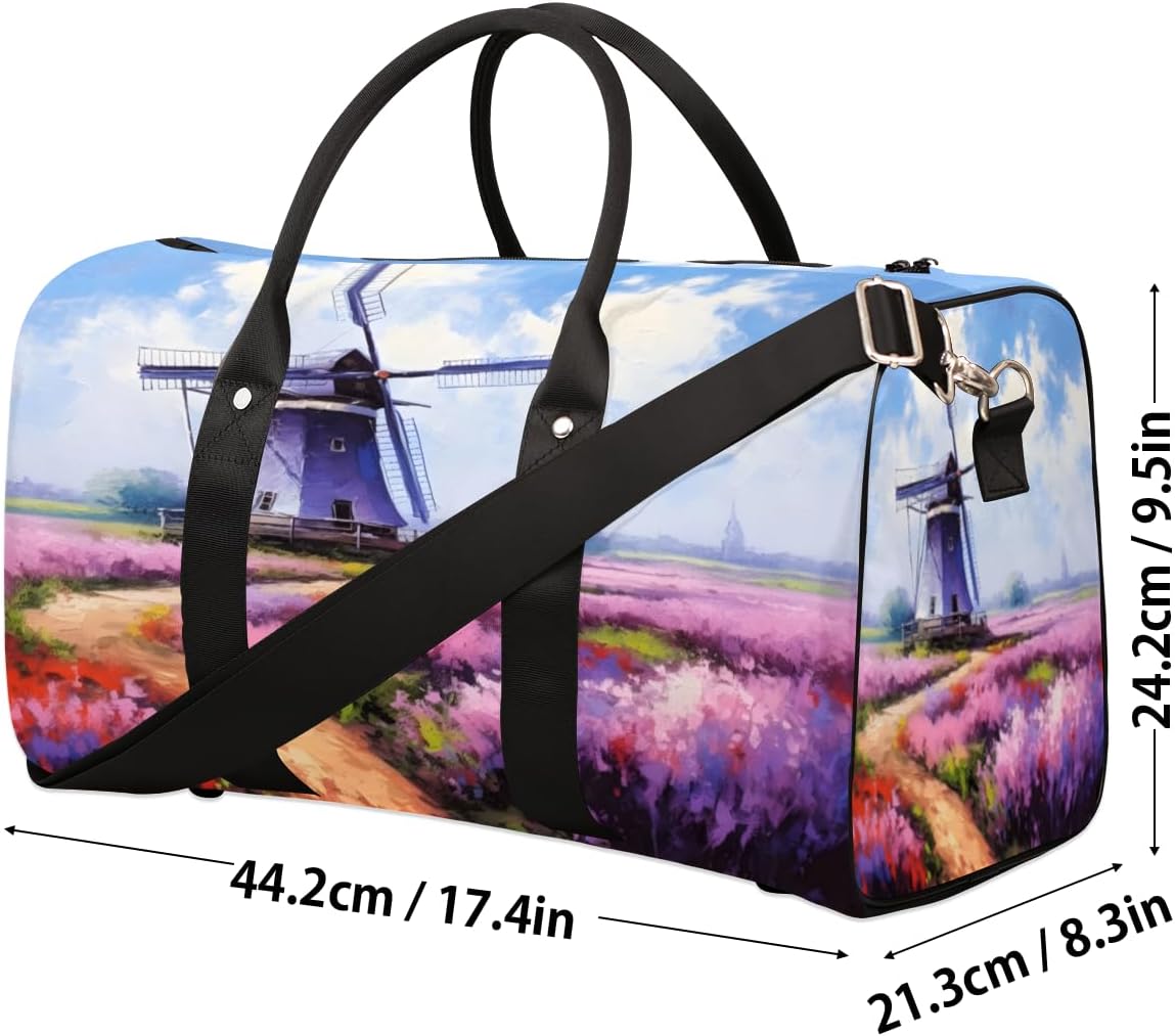 Flower Field Windmill Travel Duffel Bag for Women Men Large Capacity Overnight Weekender Bags for Lightweight Waterproof Sport Gym Bag for Workout Yoga Swim