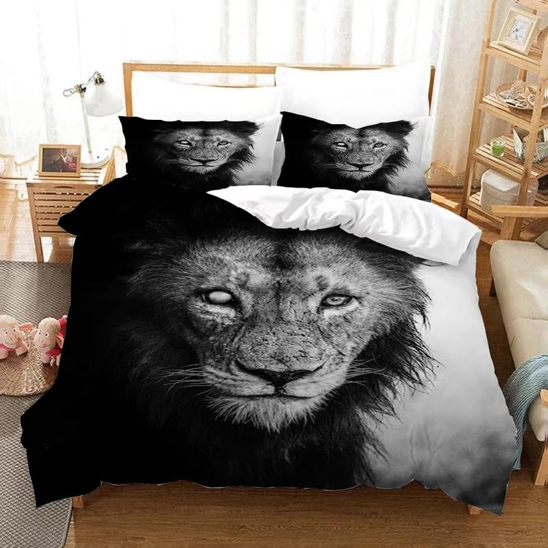 Housse de couette 240x260 anti-plis en microfibre 110g/㎡ parure lion gris