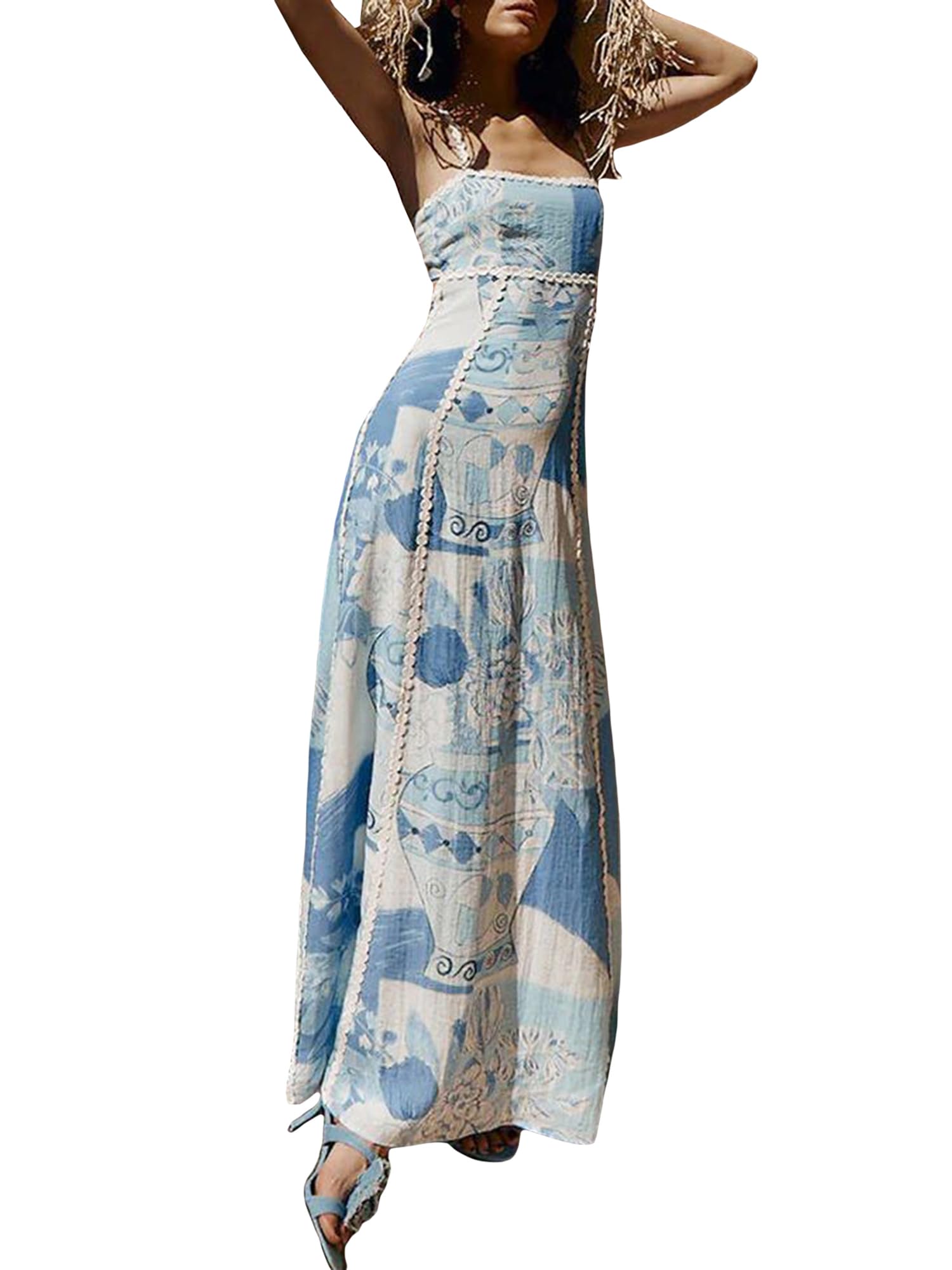 Acrawnni Women’s Y2K Spaghetti Strap Long Dress Summer Casual Boho Sleeveless Striped Maxi Dress Ladies Flowy Beach Dresss (D-Blue, M)
