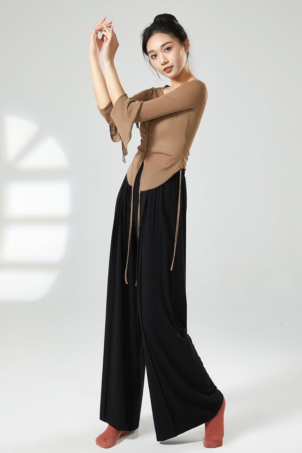 Angcoco Women's Ruched Waist Wide Legs Loose Fitting Pants