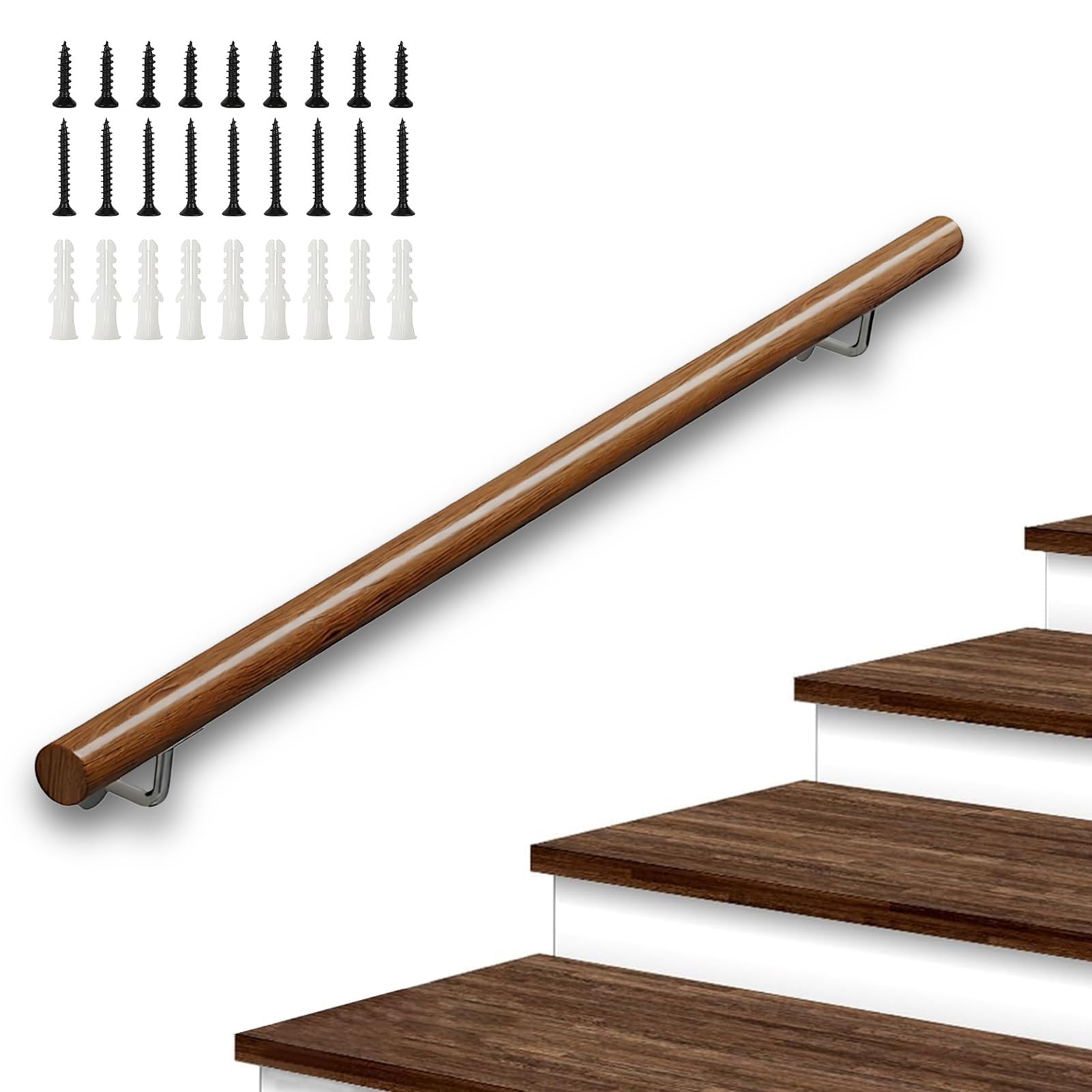 DMCHENGMA 30cm-450cm Wooden Handrail with Brackets, Non-Slip Round Stair Railings Support Rod for Indoor Hospital Home(8ft/240cm)