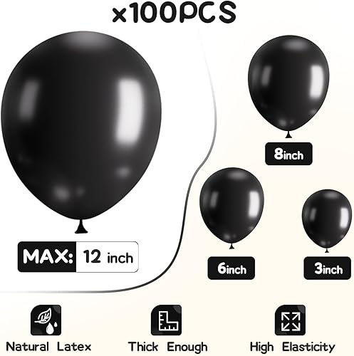 Miniatura 3 de EMART 100 globos negros de 12 pulgadas con cinta, helio de látex para fiesta de cumpleaños, baby shower, boda, graduación, Halloween, decoraciones
