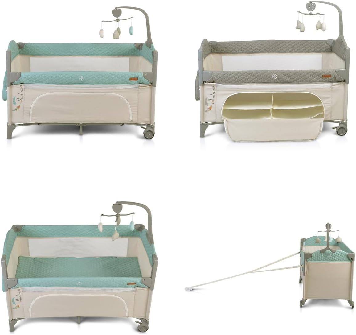Collage of Cangaroo Indiana Playpen in various configurations: upper level, lower level, storage, and folded