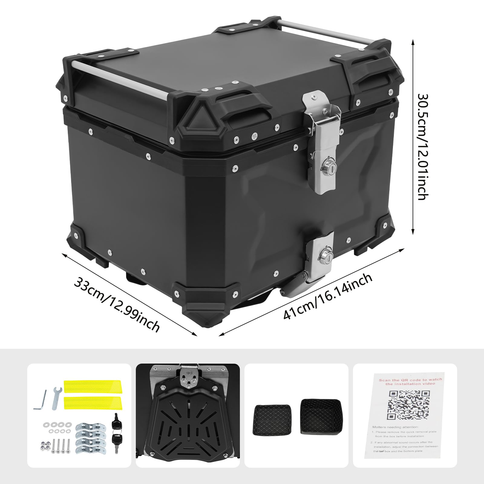 Funda superior para motocicleta, 45 L, impermeable, para motocicleta, con cierre de seguridad, para 2 cascos y accesorios de viaje, aleación de aluminio, color negro