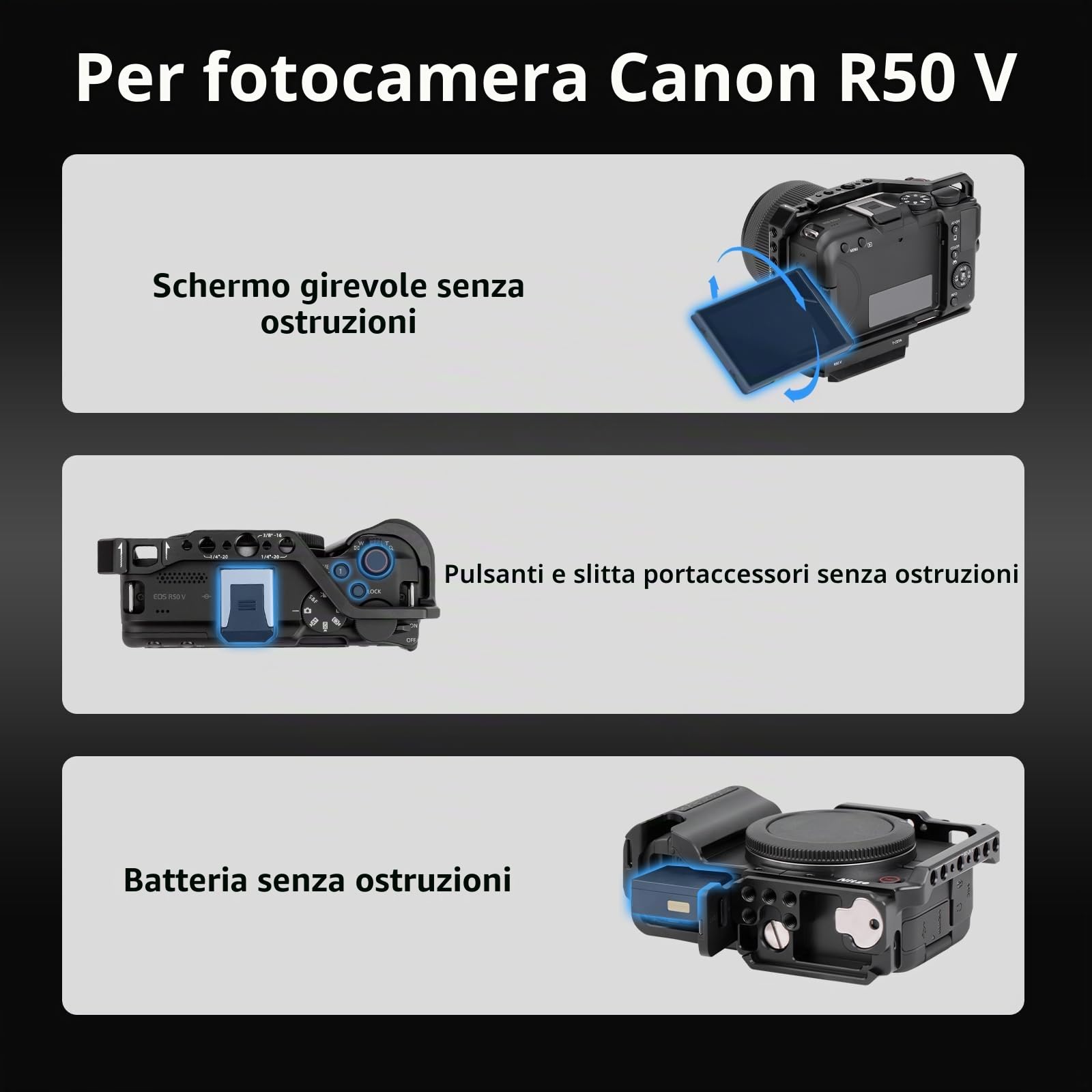 Nitze R50V Gabbia per Canon R50 V, Cage con Adattatore per Slitta a Contatto Freddo e Impugnatura Ergonomica in Silicone Integrata, Sgancio Rapido per Arca, Supporta le Riprese Verticali - T-C07A