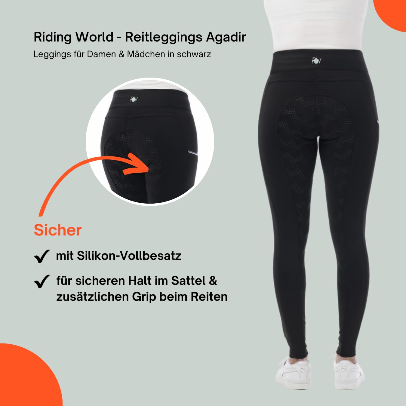 Riding World - Reitleggings für Damen Agadir | Leggings zum Reiten | Reithose mit Silikon-Vollbesatz & breitem Bund | Reiterhose mit 2 Handytaschen | Damen Reitbekleidung in Schwarz | Größe 38