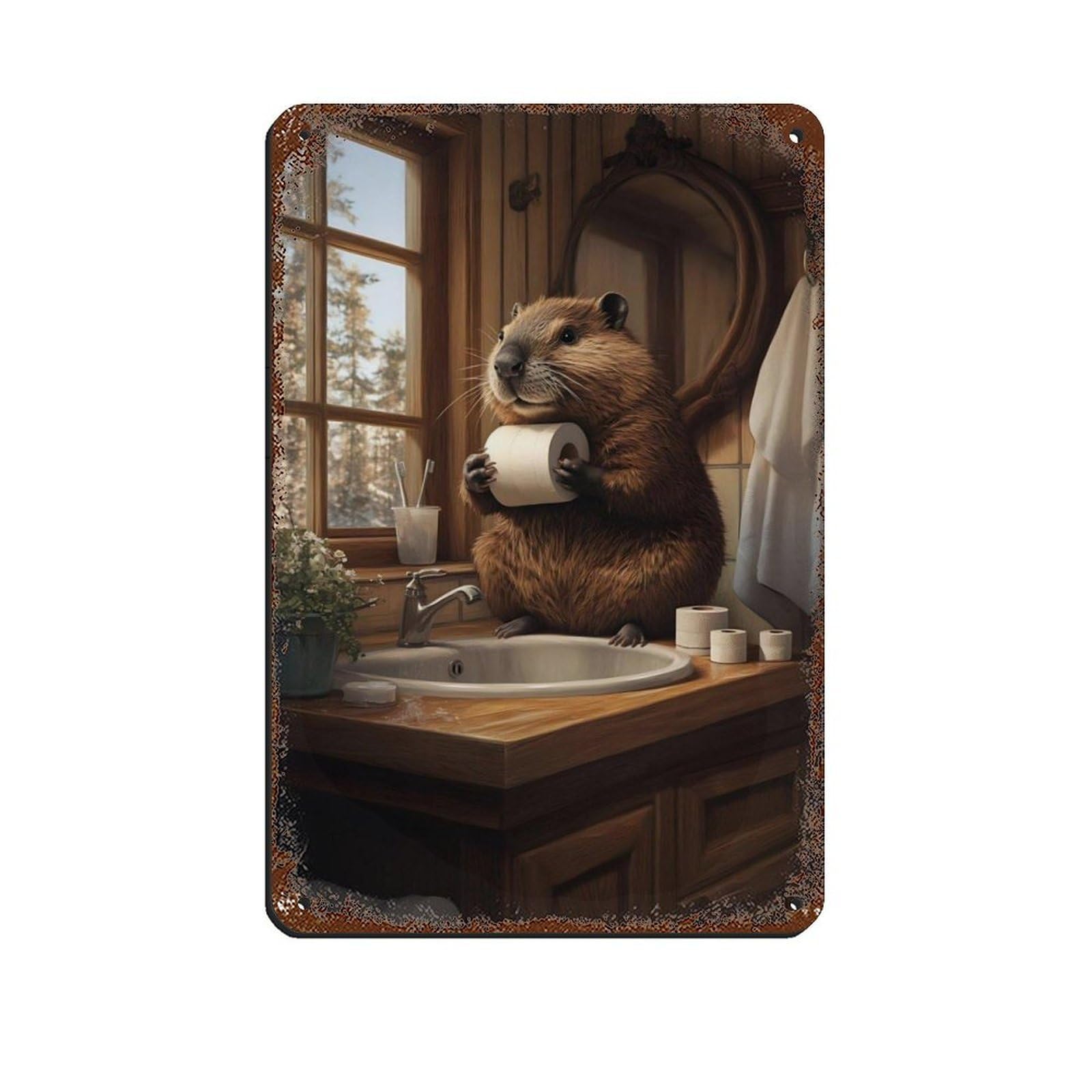 Cute Beaver Holding Toilet Paper Retro Poster Metal Tin Sign Chic Art Retro Iron Painting Bar People Cave Cafe Family Garage Poster Wall Decoration 8x12inch(20x30cm)