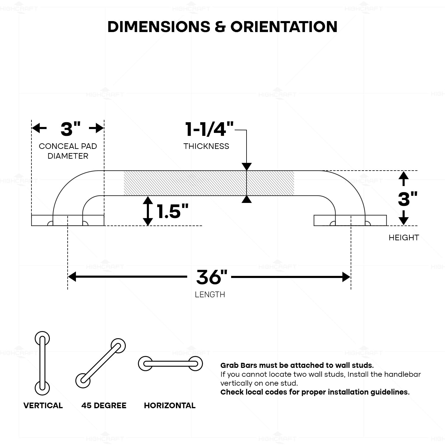 Highcraft HCQ11236 - Barra di sicurezza per doccia con viti a scomparsa, 1-1/2'' x 91,4 cm, in acciaio inox, finitura in metallo pelato, 1-1/2" x 91,4 cm, cromato