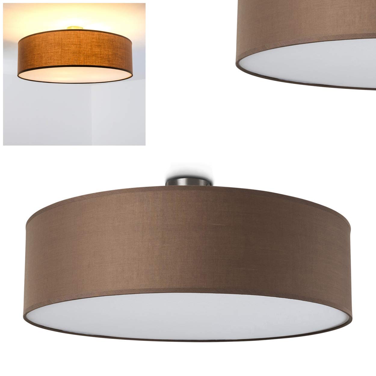 HOFSTEIN Deckenleuchte Foggia, runde Deckenlampe aus Metall/Stoff in Nickel-matt/Braun/Weiß, moderne Leuchte im Retro/Vintage-Design (Ø 60 cm), 3 x E27, Wohnzimmer, Esszimmer, Schlafzimmer, Küche