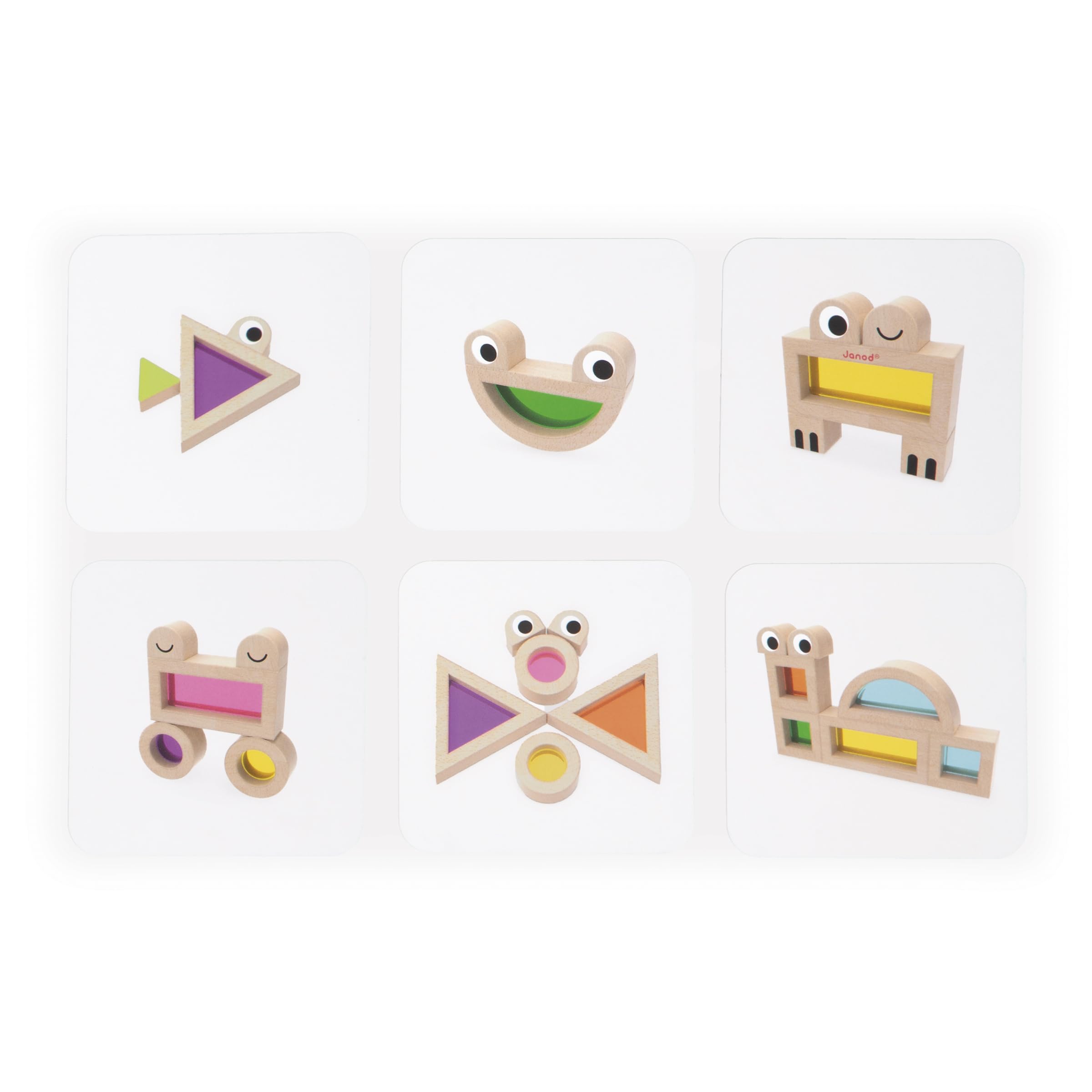Janod, Wooden Building Blocks, Sensory Awakening Game, 18 Blocks and 6 Model Cards, Learning Shapes and Colours - Image 3