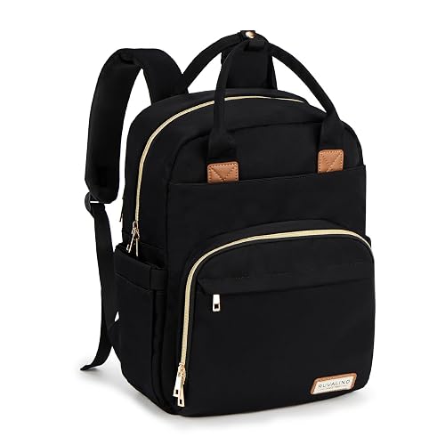 RUVALINO Diaper Bag Backpack, Multifunction Travel Pack Maternity Baby Changing Bags, Large Capacity, Waterproof, Deep Black, Polyester