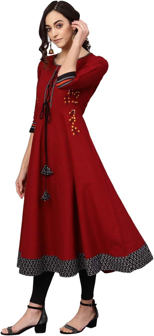 Yash Gallery Women's Cotton Slub Embroidered 3/4 Sleeve Round Neck Anarkali Kurtis For Summer - Image 2